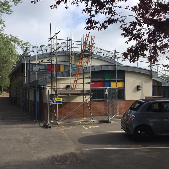 Scaffolding around a commercial building prior to bird proofing